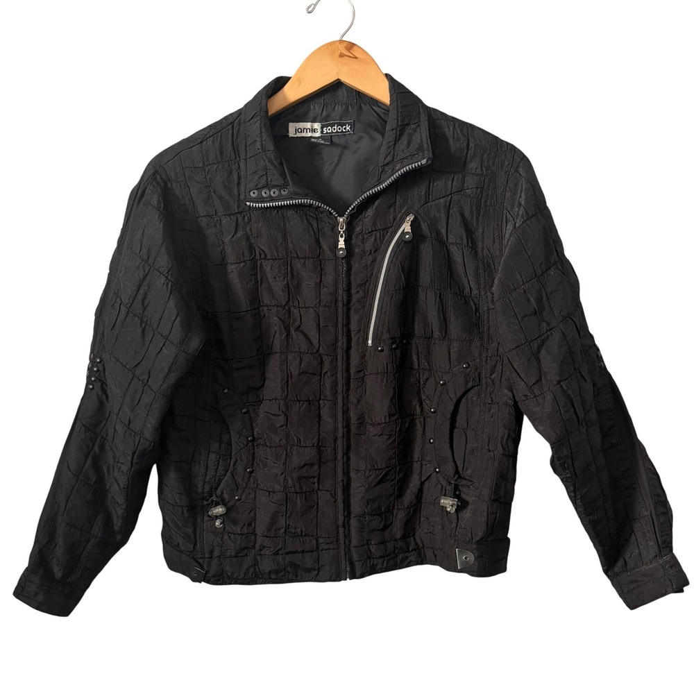 Jamie Sadock Womens Small Black Crinkle Quilted Full Zip Back Zip Jacket Studded